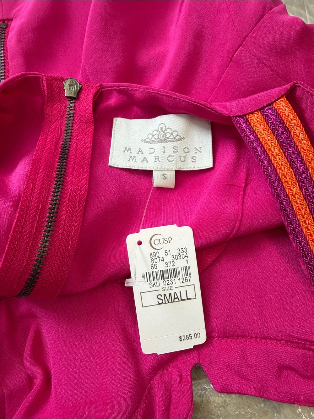 Madison Marcus Small Fuchsia Sheath Dress with Pink Tweed Panel & Striped Straps - Picture 2 of 9